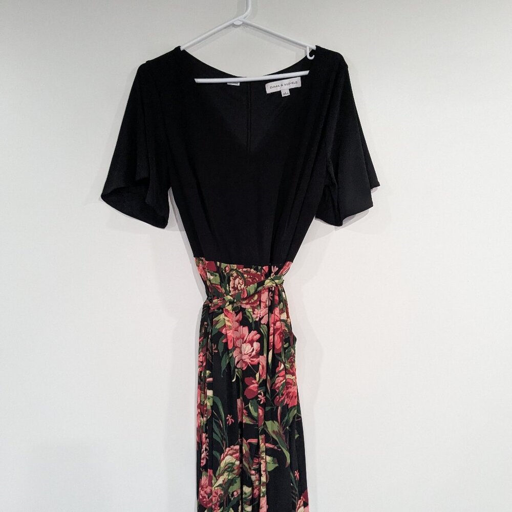 Emma & Michele Floral Wide Leg Jumpsuit with Ties Pink Black Size Large